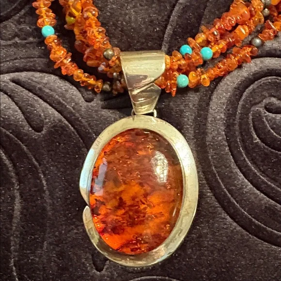 NWOT Jay King Mine Finds Amber & Turquoise Beaded Necklace w/925 Silver Pendant - Picture 2 of 14
